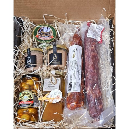 Caja regalo productos tradicionales: embutidos, quesos, vino, jamon, dulces...