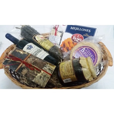 Cesta Queso, Mejillones, Miel, Lomo, Vino y Chocolate