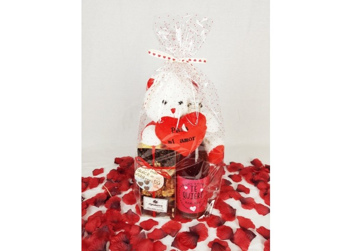 Caja regalo San Valentin, chocolates, cava, vino, mermelada, pate