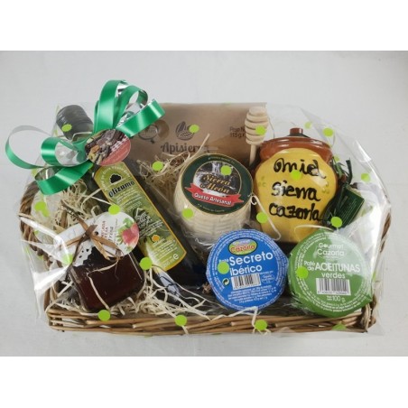 Cesta regalo: lomo, paté, salchichón, chorizo, aceitunas, lomo de orza,