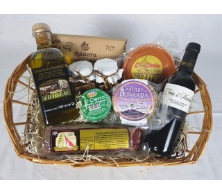 Cesta regalo Elogio: embutidos y jamón loncheados, queso, chocolate,  sobrasada, aceite.
