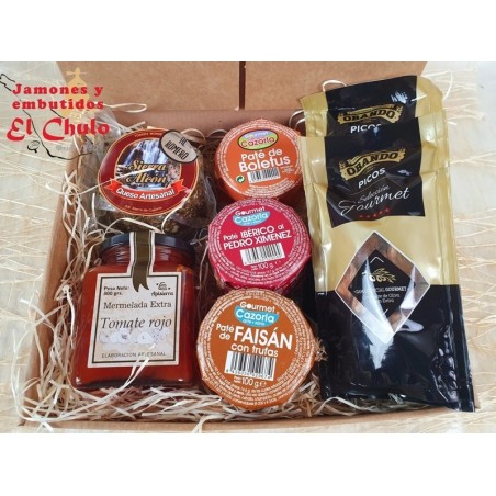 Caja regalo piccola aperitivos gourmet: patés, aceitunas y picos