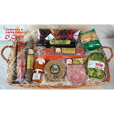 Cesta regalo Gastrónomo: embutidos, queso oveja, regañás, aceitunas, chocolates, aceite, miel, mermelada